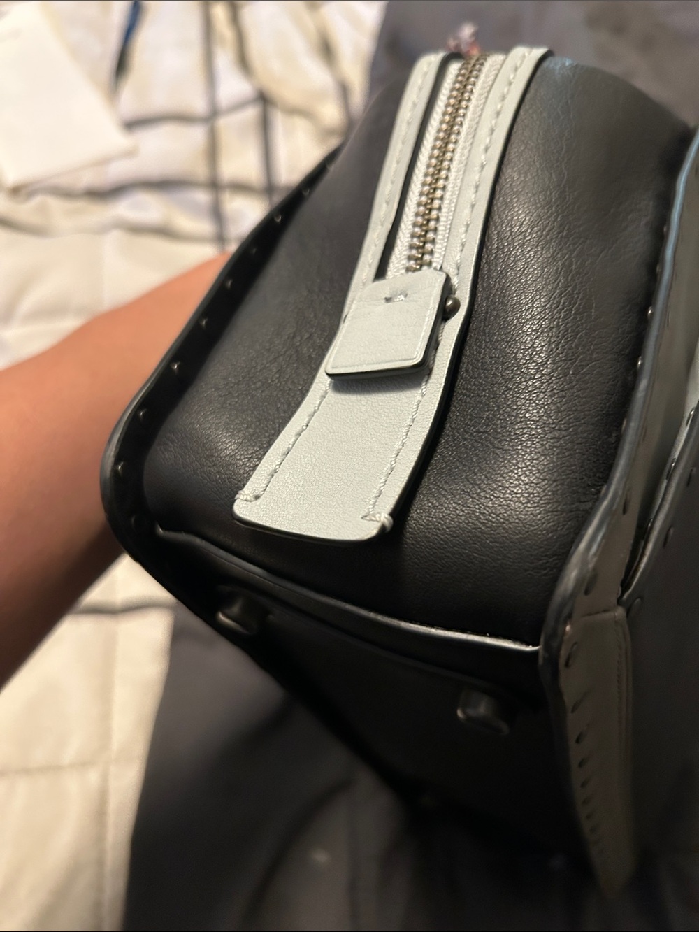 Coach Dreamer 27 Black, Light Gray, and Baby Blue Studded Leather Satchel - Picture 12 of 13